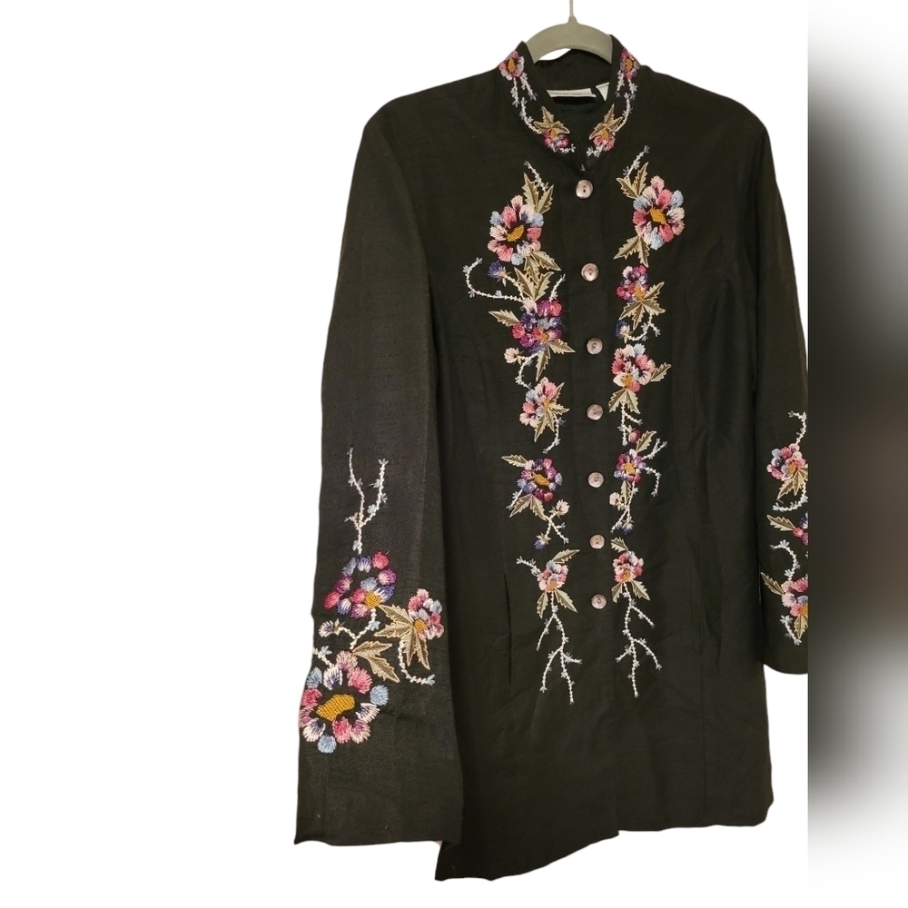 Units Silk Duster Jacket Mandarin Collar Embroidered Mother Pearl Buttons Boho - Picture 5 of 13